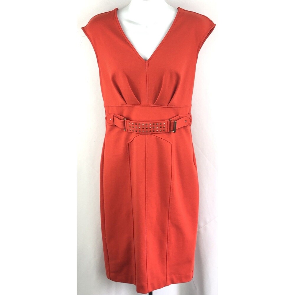 Vintage Sleeveless Sheath Dress 6 Orange V-Neck Stud Belt Knee 2000s Career Work